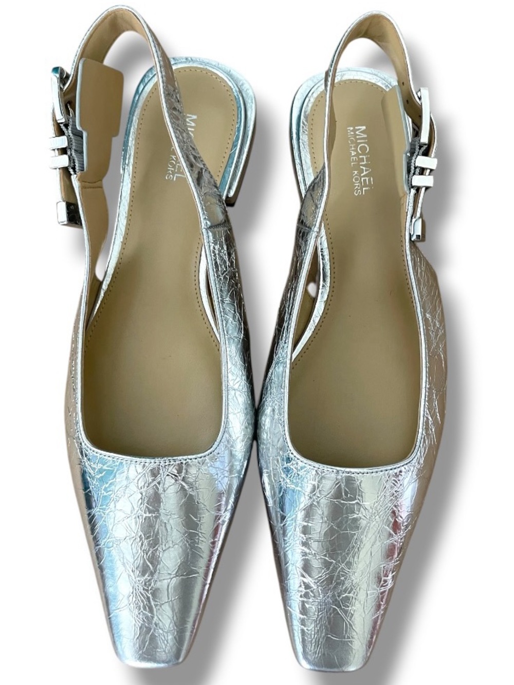 Michael Kors Silver Slingback Flats 7.5M Metallic Crackle Leather Pointed Toe - Picture 10 of 10